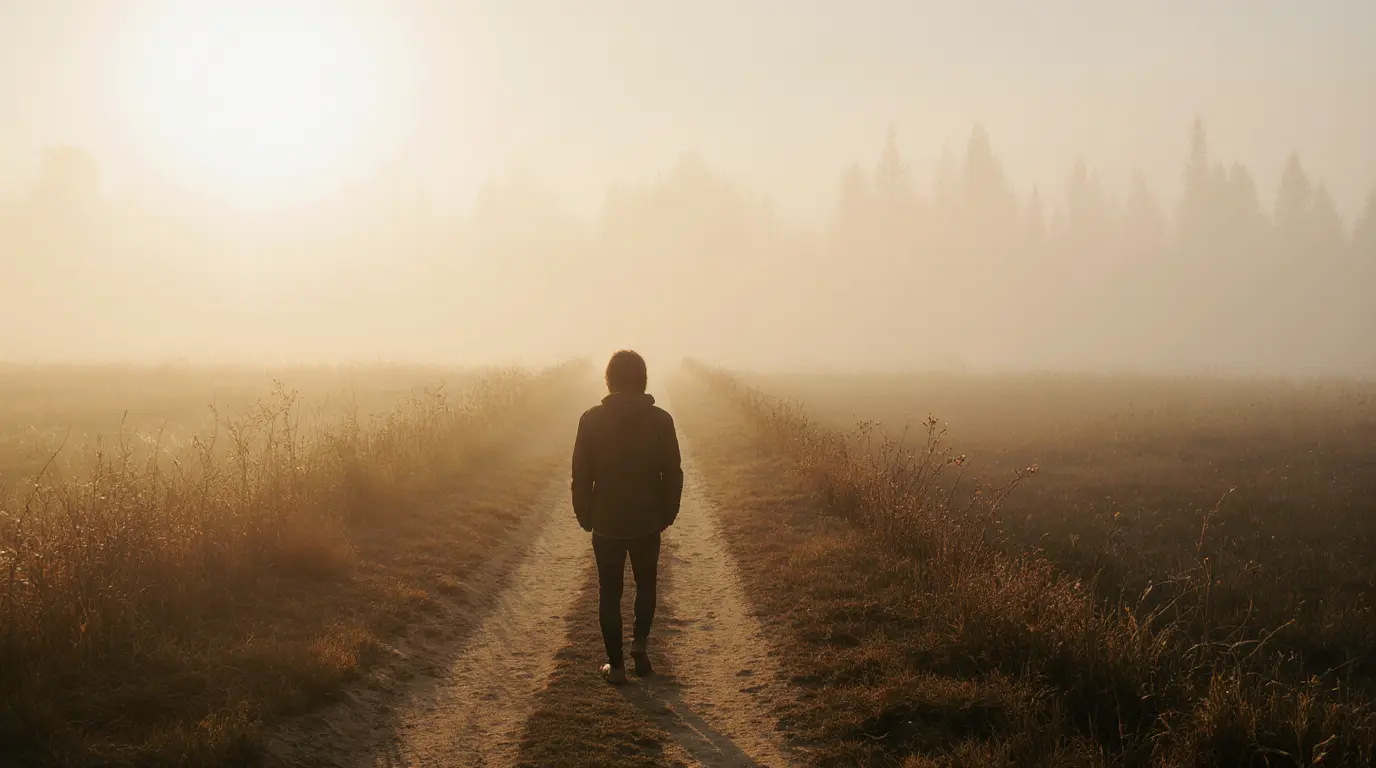 Person walking alone on a foggy path - feeling stuck in life and searching for direction