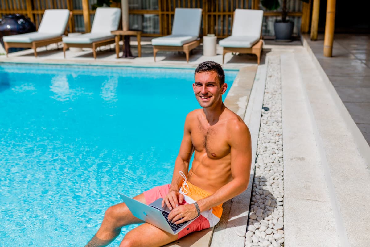 Jon working from a coworking pool in Bali, Indonesia