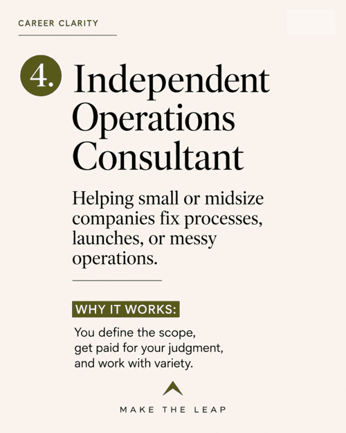4. Independent Operations Consultant - You define the scope, you get paid for judgment rather than hours in a chair, and every engagement is different.