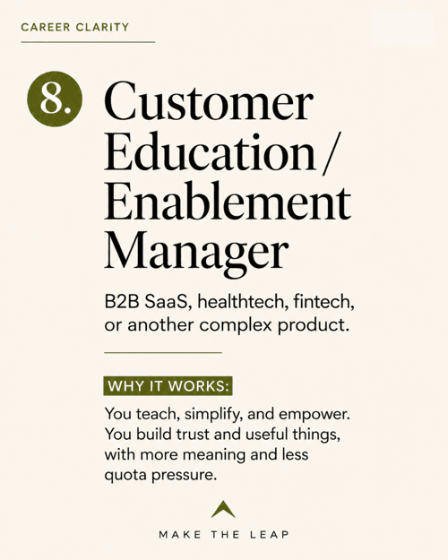 8. Customer Education / Enablement Manager - You teach, simplify, and empower. You build trust and useful things - with more meaning and less quota pressure than sales.