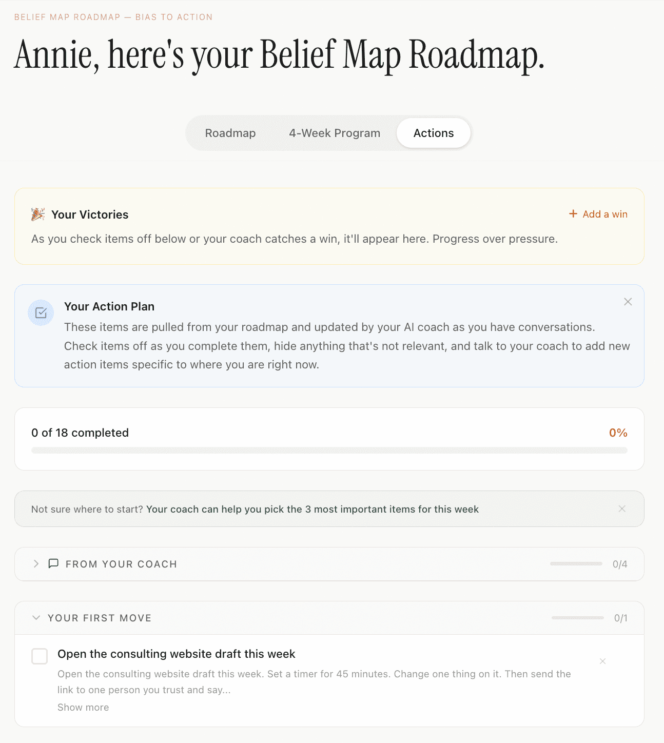 Belief Roadmap Actions tab personalized for Annie, showing a Victory Wall card, a 0-of-18-completed action plan progress bar, a 'from your coach' section, and a 'your first move' action with a specific website-related task