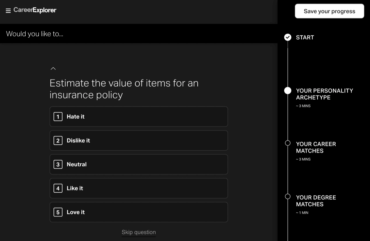 CareerExplorer question: 'Would you like to... Estimate the value of items for an insurance policy' rated Hate it to Love it