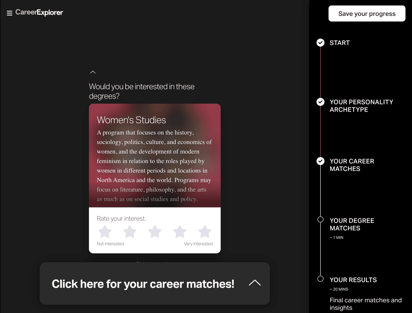 CareerExplorer degree-rating step: a Women's Studies card with five stars, and a 'Click here for your career matches!' banner below
