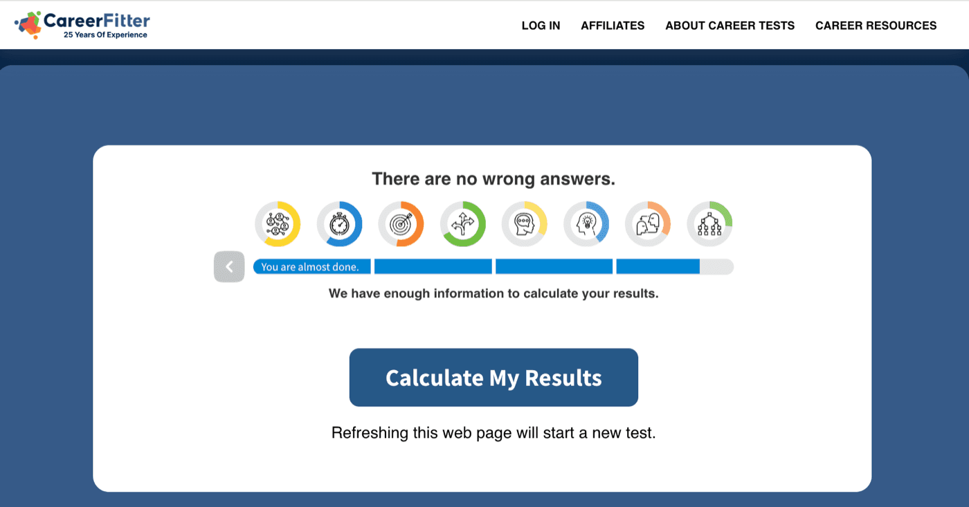 CareerFitter's end-of-test screen: eight trait dials, a progress bar reading 'You are almost done', the line 'We have enough information to calculate your results', a 'Calculate My Results' button, and a note that refreshing the page will start a new test