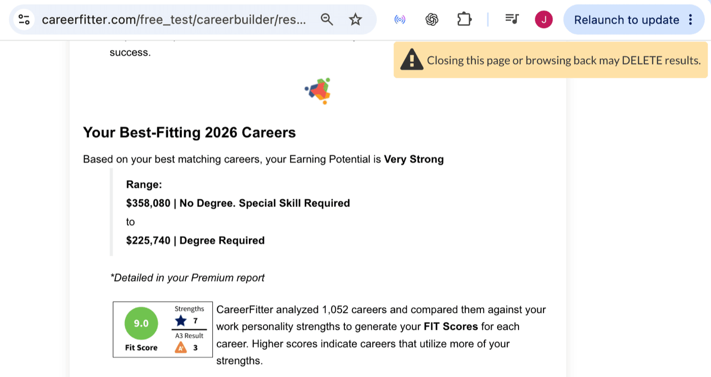 CareerFitter free results: 'Your Best-Fitting 2026 Careers - your Earning Potential is Very Strong. Range: $358,080 | No Degree. Special Skill Required to $225,740 | Degree Required', footnoted as detailed in the Premium report, beside a 9.0 Fit Score graphic