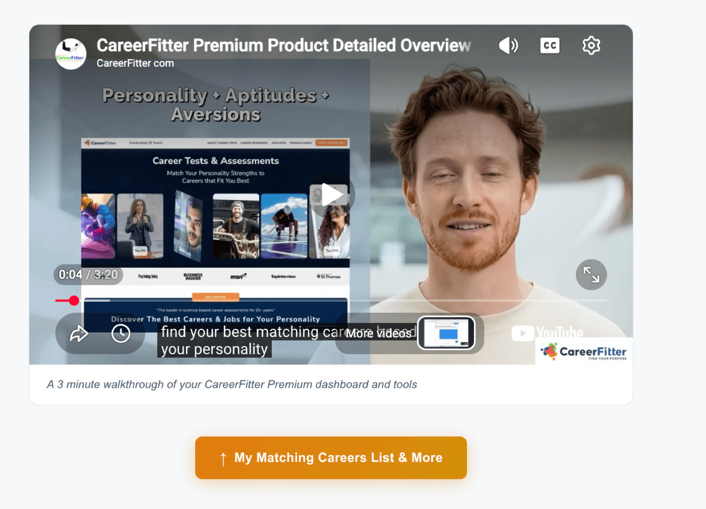 CareerFitter's 'Premium Product Detailed Overview' video, 3 minutes 20 seconds, with a presenter to camera and a caption describing it as a walkthrough of the Premium dashboard