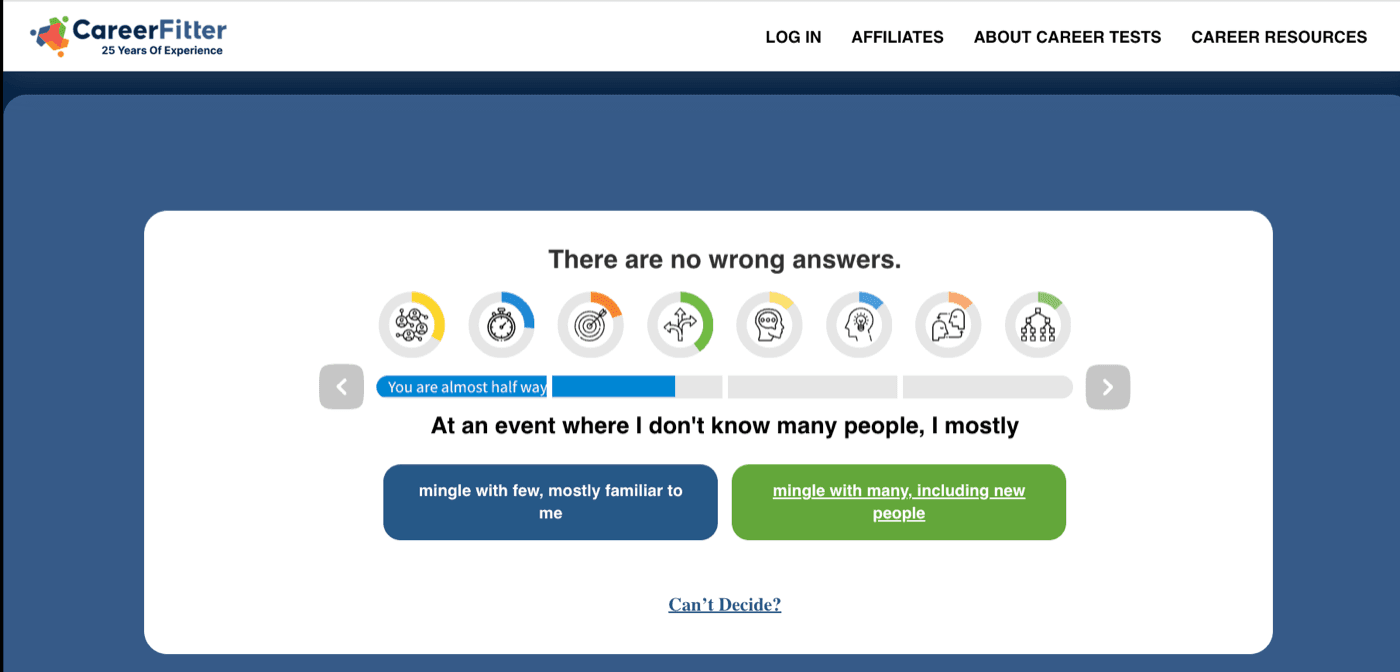 CareerFitter question: 'At an event where I don't know many people, I mostly - mingle with few, mostly familiar to me / mingle with many, including new people'