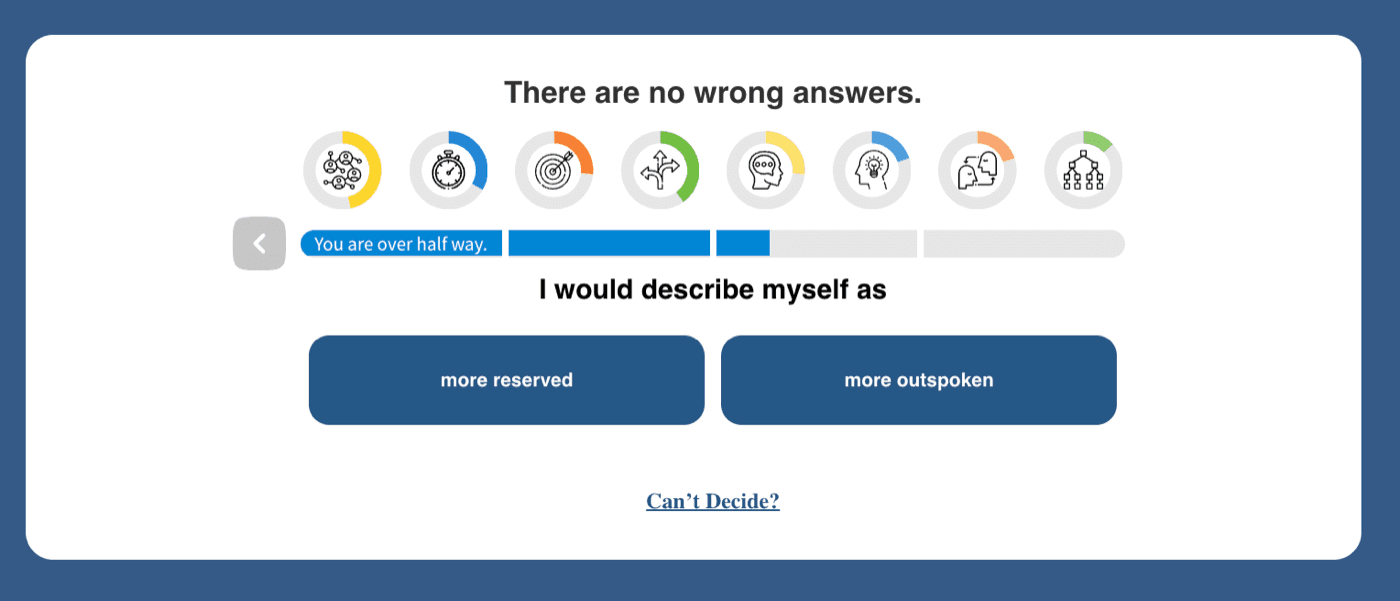 CareerFitter question late in the test: 'I would describe myself as - more reserved / more outspoken', the same axis asked earlier in the run with the options reversed