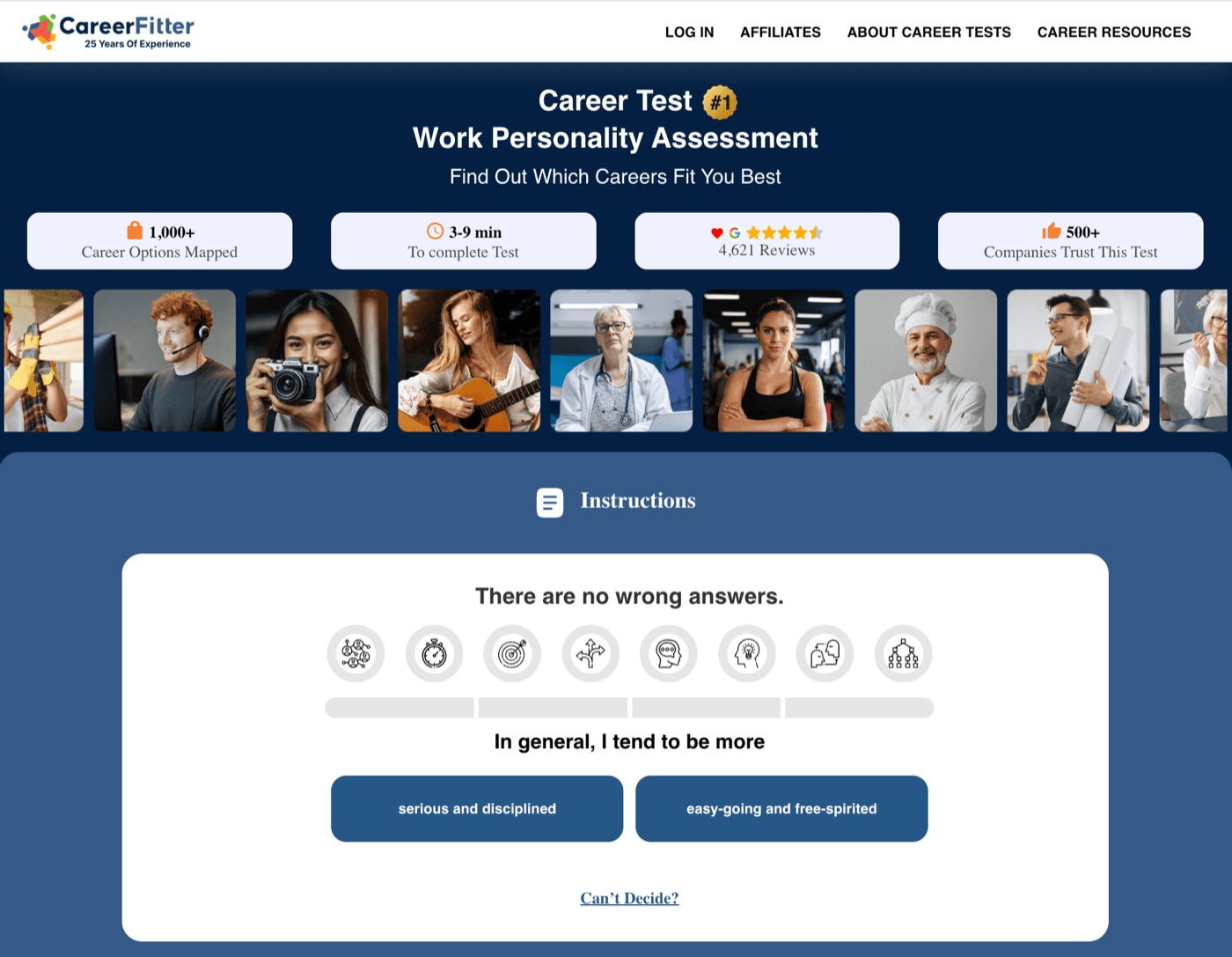 CareerFitter landing header reading 'Career Test #1 Work Personality Assessment' with stat boxes for career options mapped, 3-9 min to complete, 4,621 reviews and 500 companies, above the first question: 'In general, I tend to be more - serious and disciplined / easy-going and free-spirited'