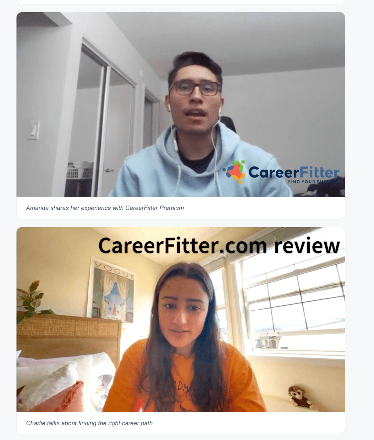 Two CareerFitter testimonial videos: one captioned 'Amanda shares her experience with CareerFitter Premium' showing a man, and below it one captioned 'Charlie talks about finding the right career path' showing a woman