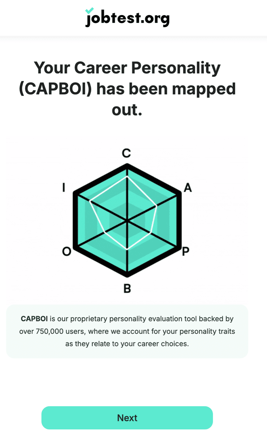JobTest.org results screen showing a six-letter CAPBOI hexagon with the line 'backed by over 750,000 users'