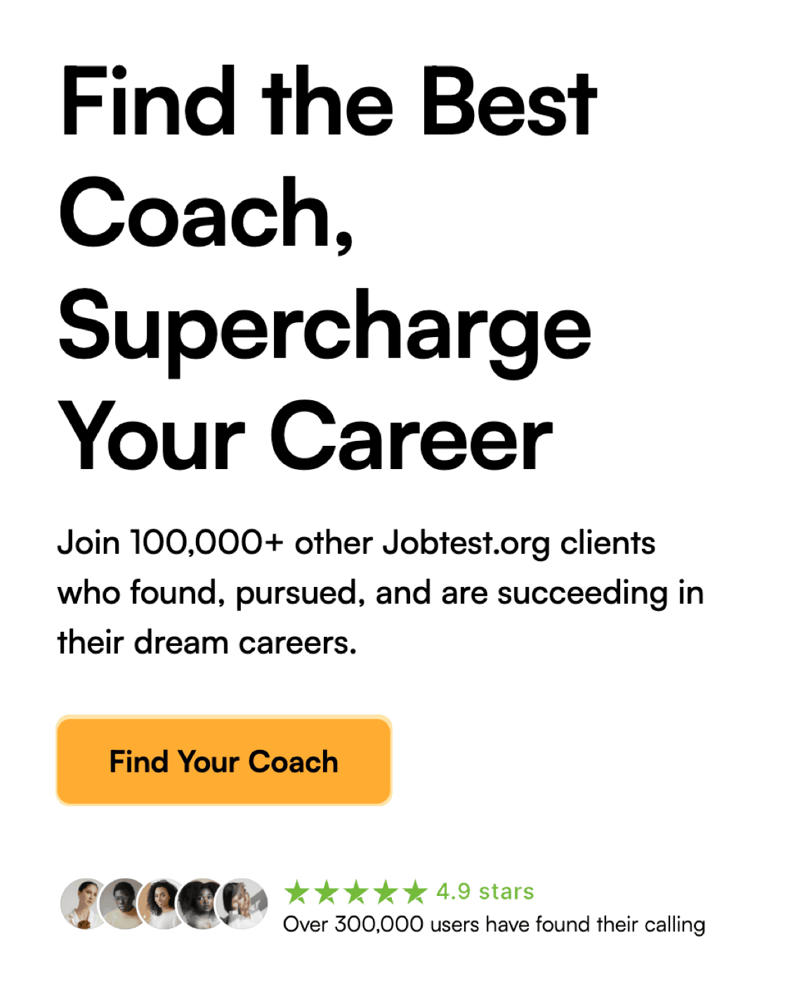 JobTest.org career-coaching page showing 'Join 100,000 other clients' and, lower on the same page, 'Over 300,000 users have found their calling'