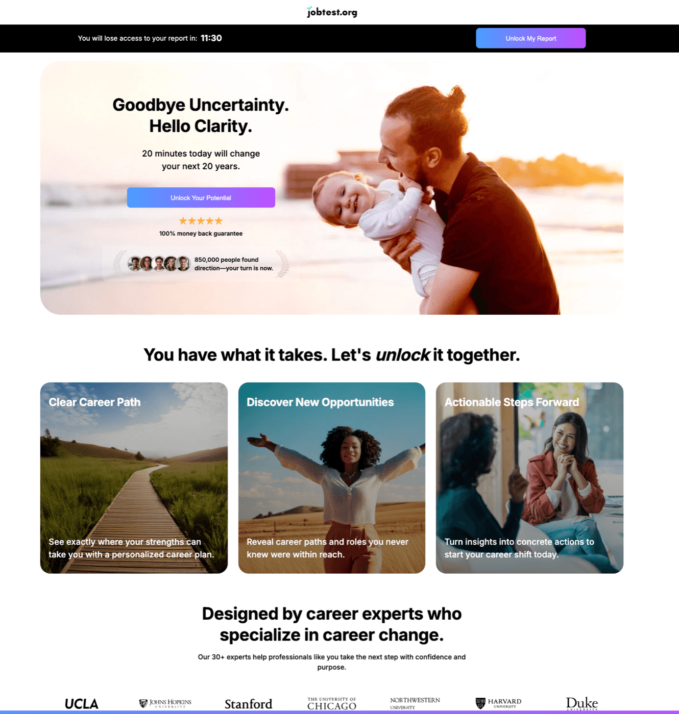 JobTest.org end-of-test sales page with a black sticky bar reading 'You will lose access to your report in: 11:30 - Unlock My Report', an '850,000 people found direction' badge, a 100% money back guarantee, and a row of university logos