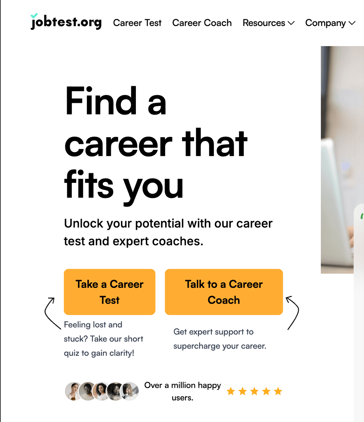 JobTest.org homepage hero reading 'Over a million happy users'