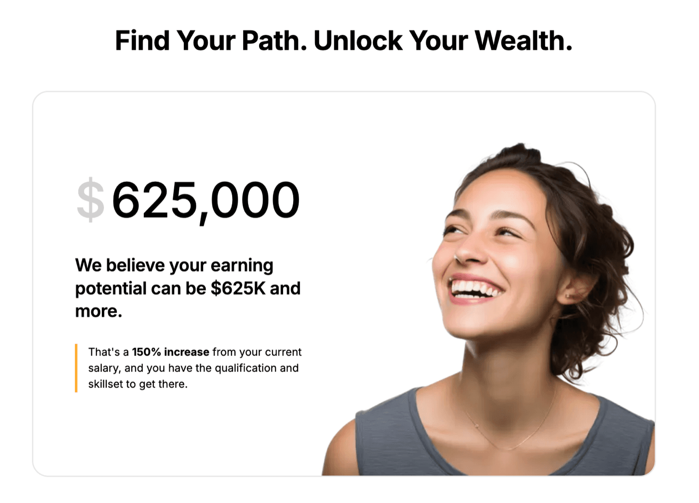 JobTest.org end-of-test offer page: 'Find Your Path. Unlock Your Wealth. $625,000 - We believe your earning potential can be $625K and more'