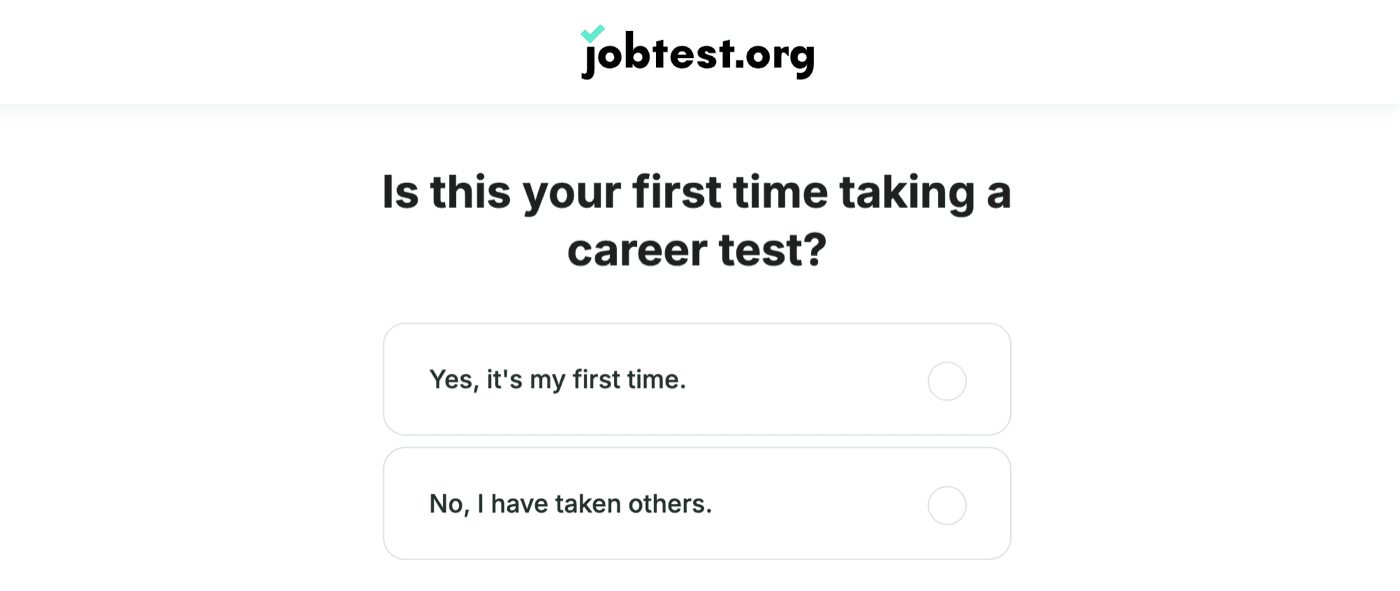 JobTest.org opening question about whether this is your first time taking a career test