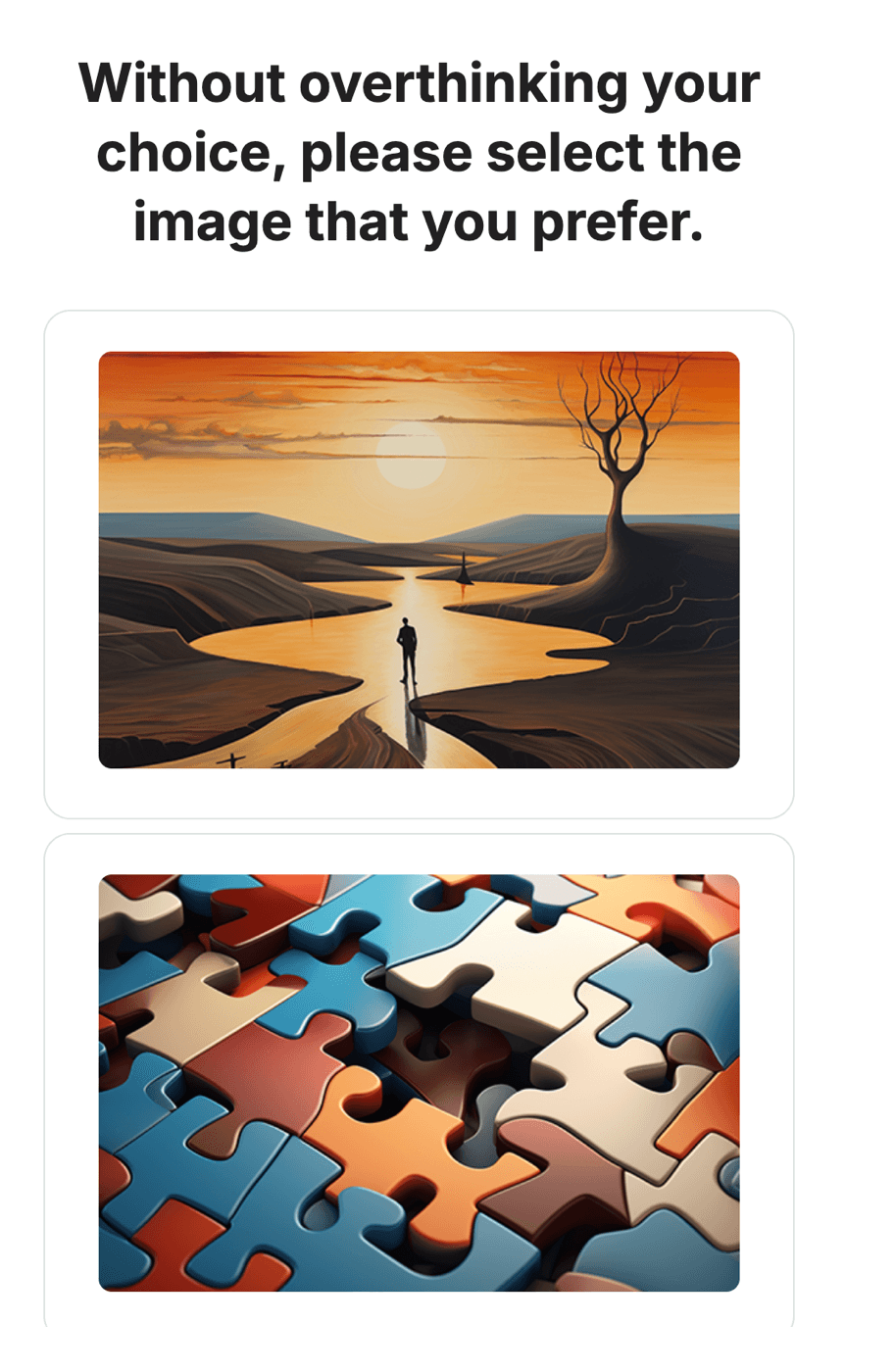 JobTest.org image-preference question: choose between a surreal landscape and a set of puzzle pieces