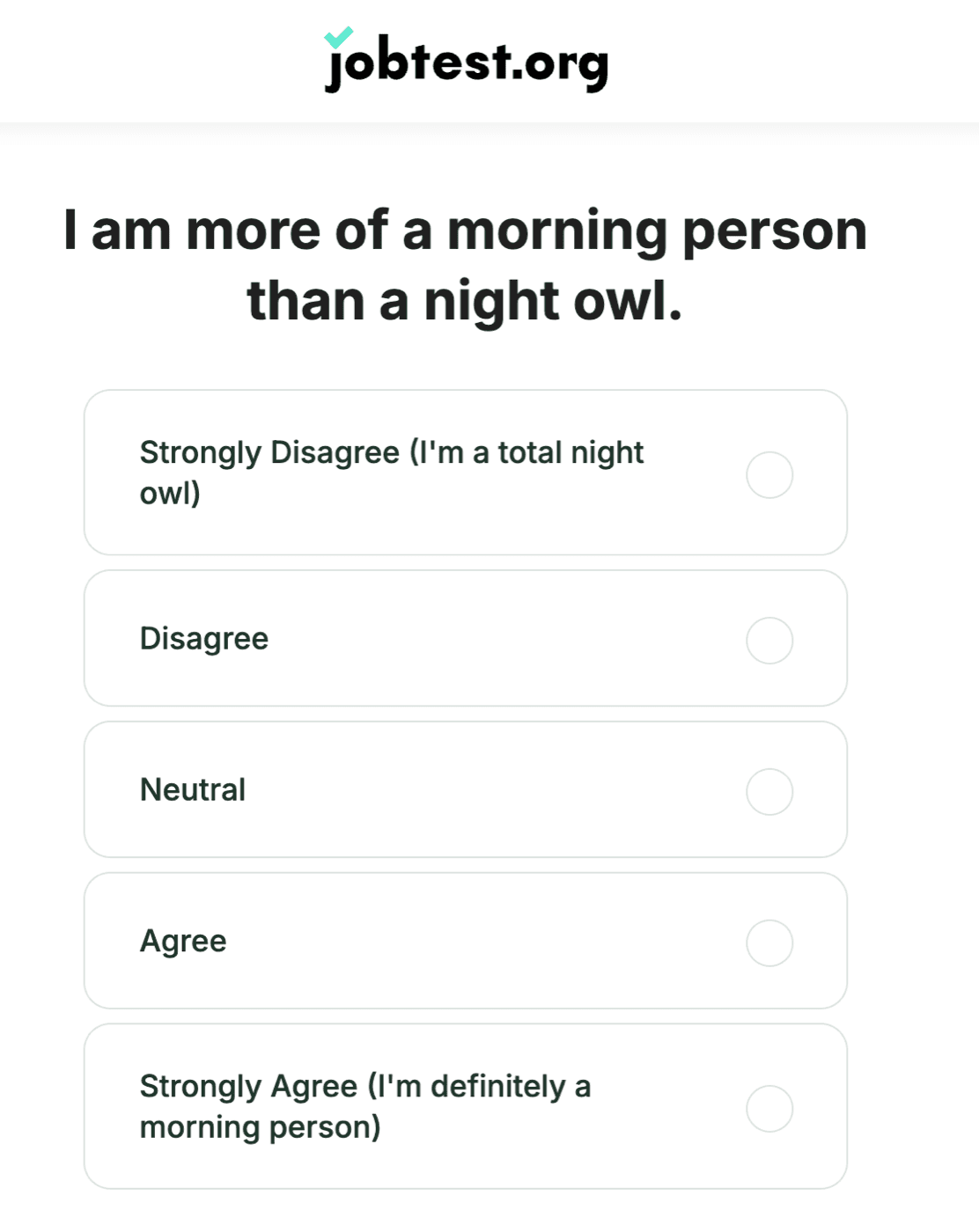 JobTest.org question asking whether you are a morning person or a night owl