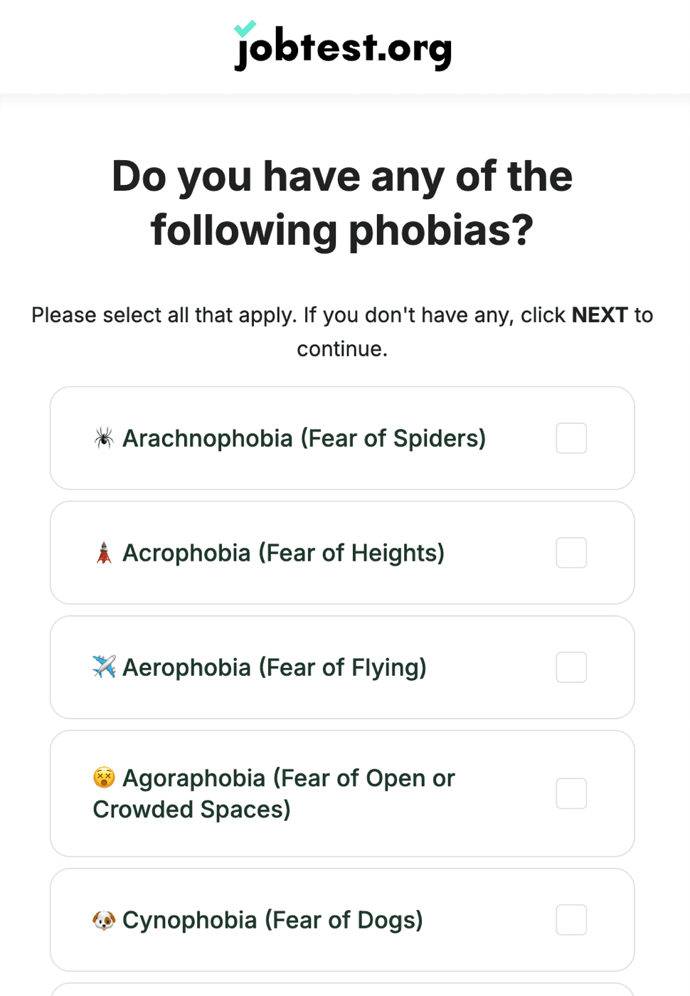 JobTest.org question presenting a checklist of phobias to select from