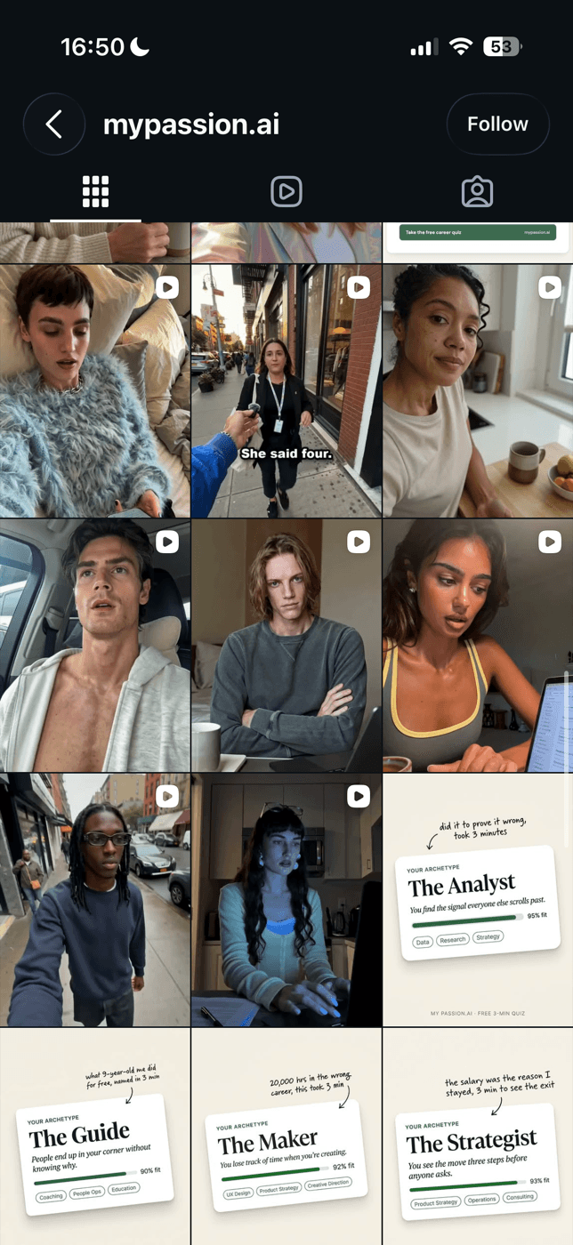 Further down the mypassion.ai Instagram grid: short talking-to-camera videos of different people alongside archetype cards reading 'The Analyst 95% fit', 'The Guide 90% fit', 'The Maker 92% fit' and 'The Strategist 93% fit'