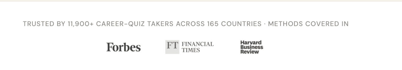 MyPassion.ai trust strip reading 'TRUSTED BY 11,900-PLUS CAREER-QUIZ TAKERS ACROSS 165 COUNTRIES - METHODS COVERED IN' above the Forbes, Financial Times and Harvard Business Review mastheads, with no article title, date or link