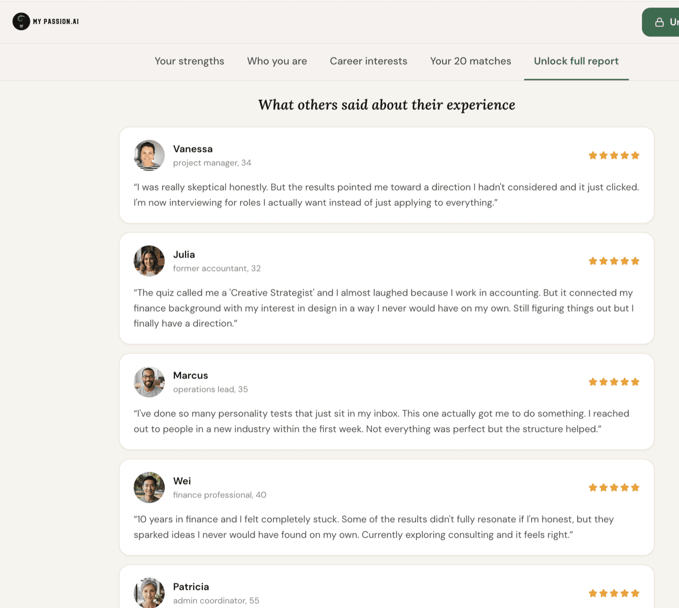 MyPassion.ai results page testimonial section headed 'What others said about their experience', showing five-star reviews with headshots from Vanessa (project manager, 34), Julia (former accountant, 32), Marcus (operations lead, 35), Wei (finance professional, 40) and Patricia (admin coordinator, 55)
