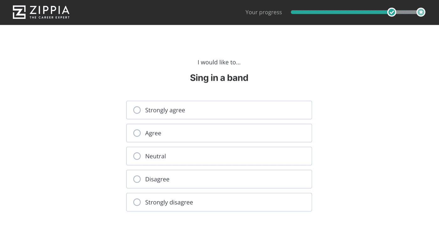 Zippia career quiz question: 'I would like to... Sing in a band' with five agree/disagree options