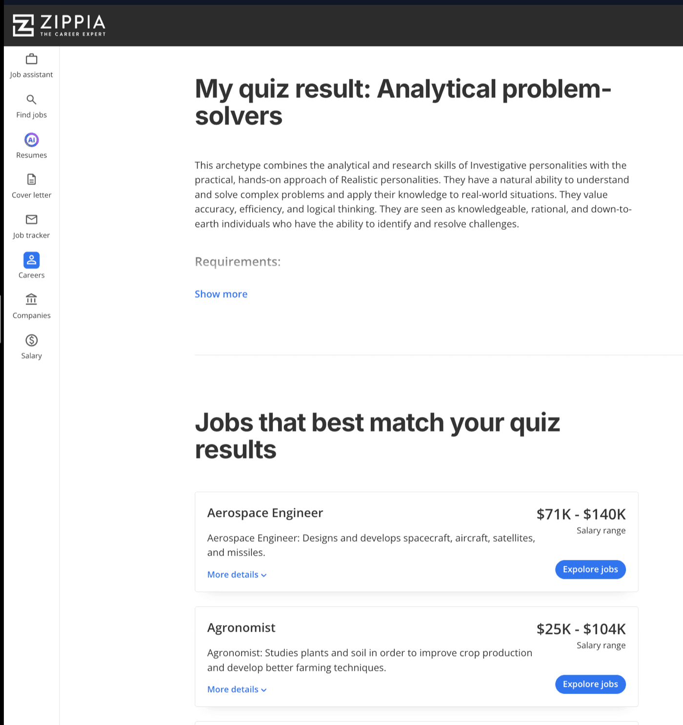 Zippia career quiz results page: 'Analytical problem-solvers' archetype and jobs list with salary ranges, each card reading 'Expolore jobs'