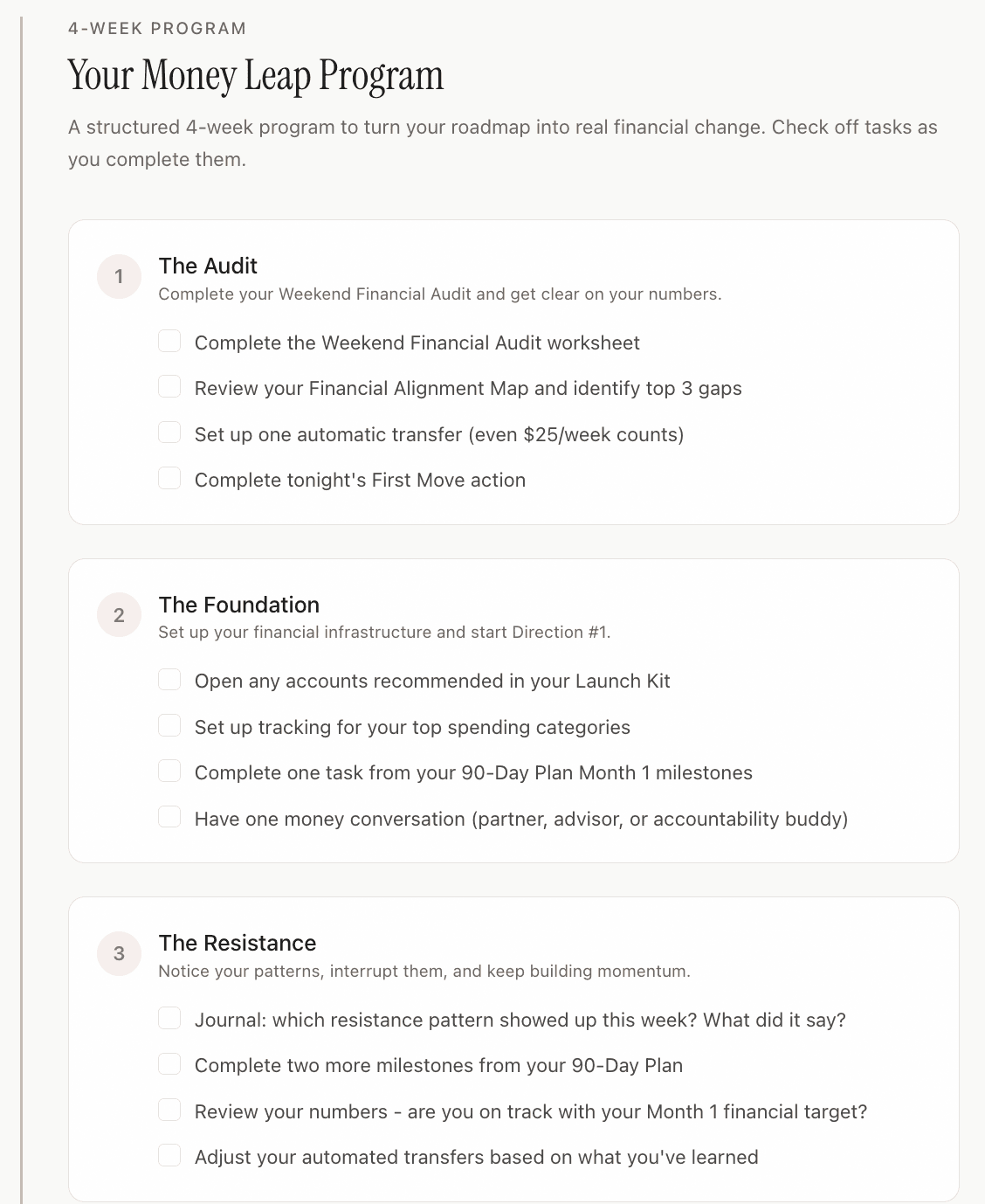 Structured 4-week money program with check-off tasks