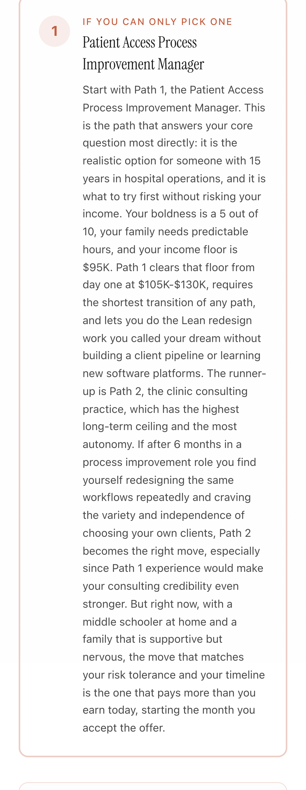 Maya's Brief recommends Patient Access Process Improvement Manager before a clinic consulting practice, explaining the income, family and experience tradeoffs.