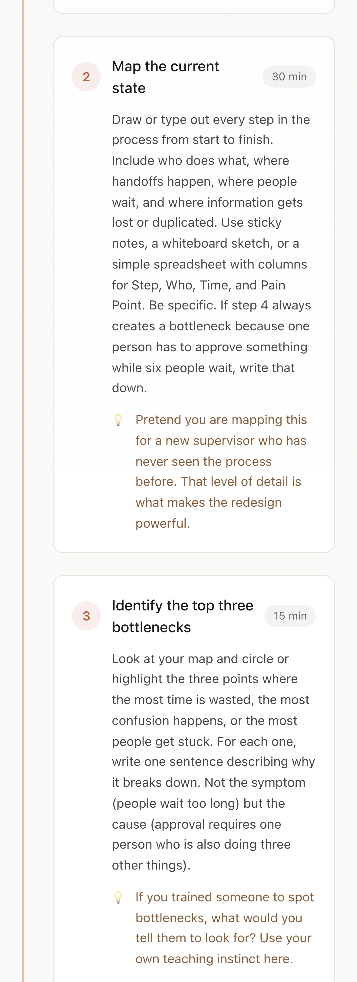 Maya’s Roadmap exercise: spend 30 minutes mapping a process, then 15 minutes identifying three bottlenecks and their causes.
