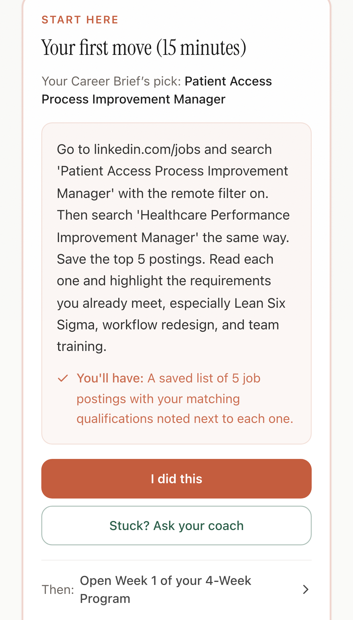 Maya's Roadmap asks her to search Patient Access Process Improvement Manager and Healthcare Performance Improvement Manager, save five postings, and highlight matching qualifications. It offers Ask your coach if she is stuck.